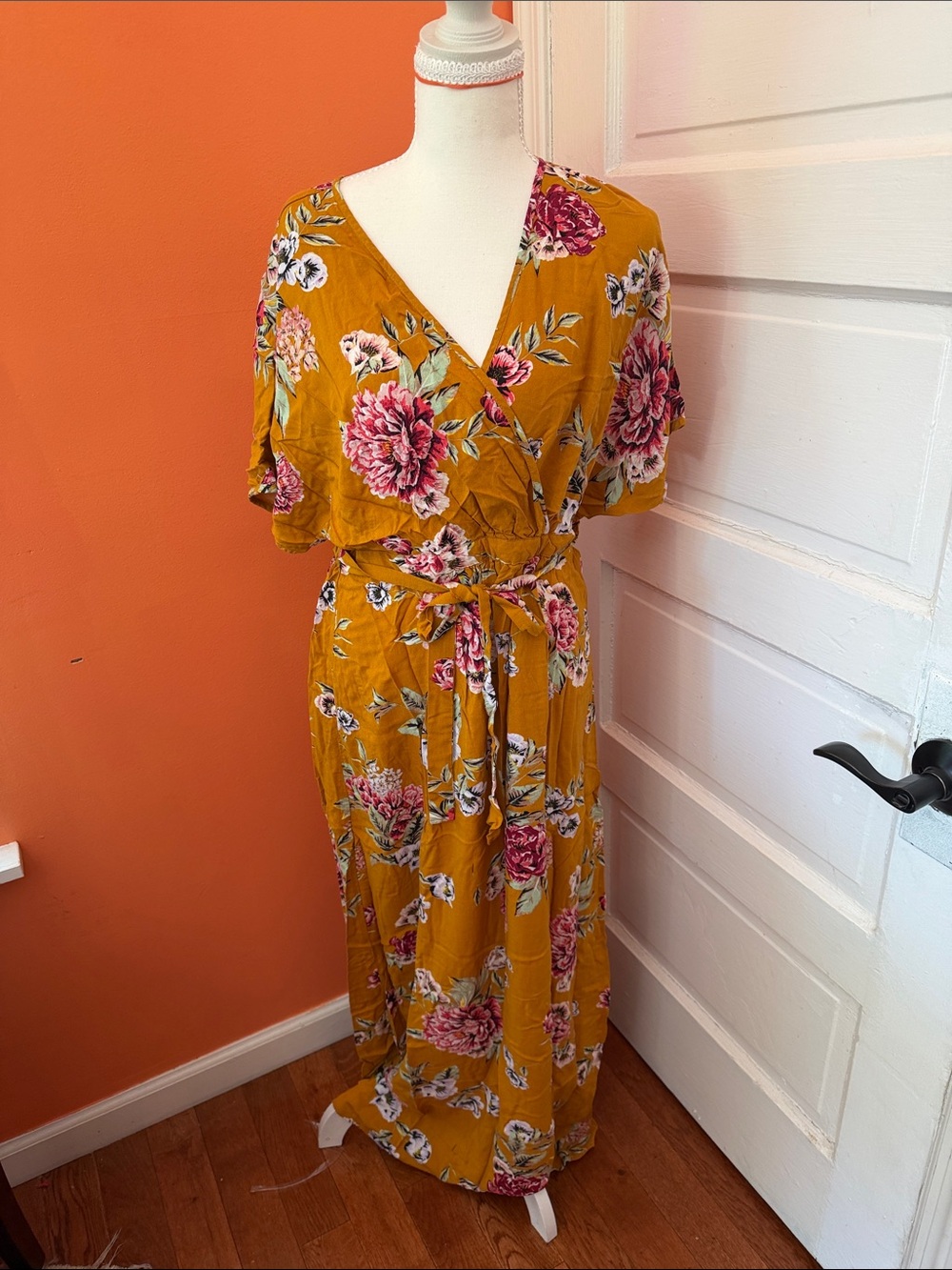 love, Fire Mustard Floral Maxi Dress with Pink Blooms
